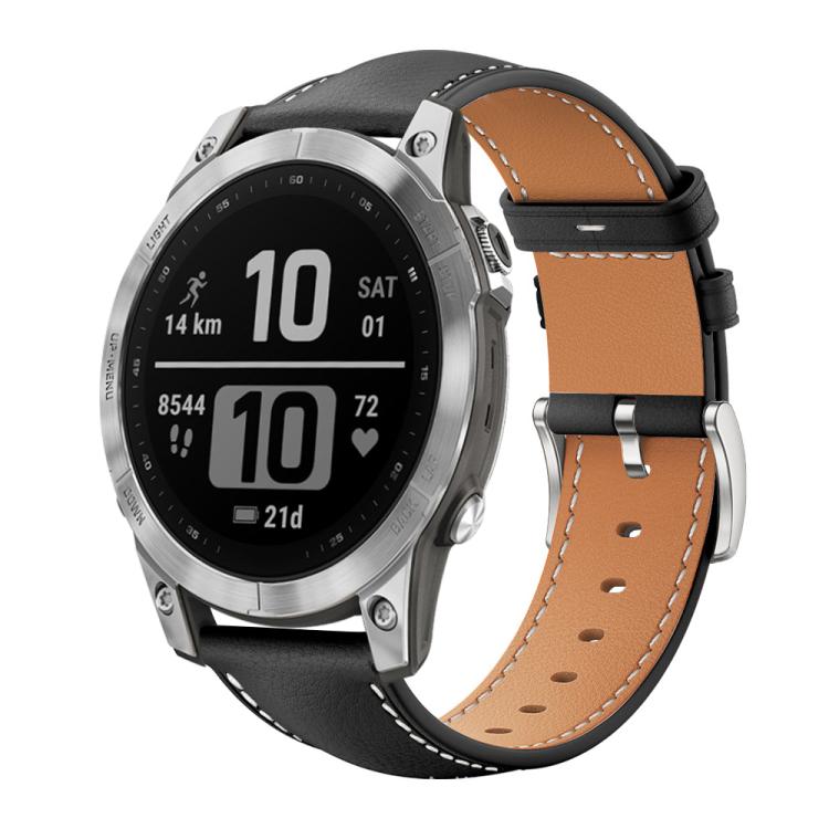 Bracelet de montre xDfind Flat Head Black Shark en cuir grainé fin, For Garmin Fenix 8/7/6/5 22mm 20mm, For Garmin Fenix 8/7X/6X/5X 26mm 22mm, For Garmin Forerunner 220/735/735XT/230/235 20mm, For Garmin Forerunner 35/30/35j 20mm