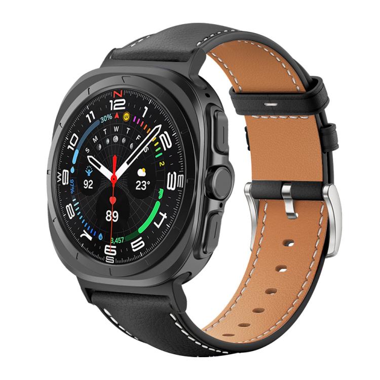 Bracelet de montre xDfind Flat Head Black Shark en cuir grainé fin, For Samsung Galaxy Watch Ultra / Ultra 2025, For Samsung Galaxy Watch8 / Watch8 Classic, For Samsung Galaxy Watch7 / FE / 6 / 5 / 4