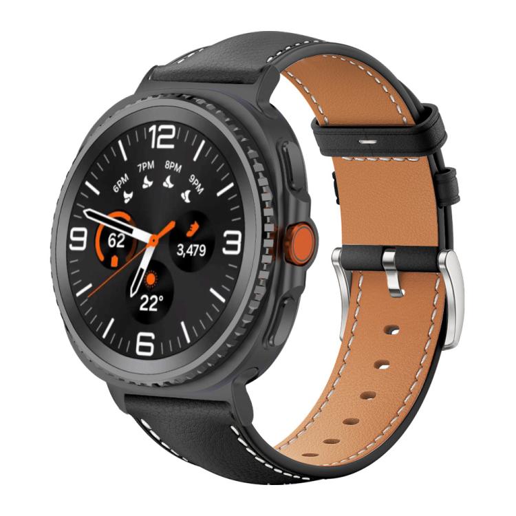 Bracelet de montre xDfind Flat Head Black Shark en cuir grainé fin, For Samsung Galaxy Watch Ultra / Ultra 2025, For Samsung Galaxy Watch8 / Watch8 Classic, For Samsung Galaxy Watch7 / FE / 6 / 5 / 4
