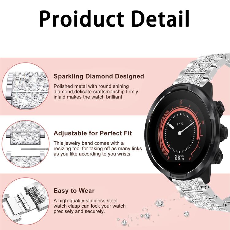 Bracelet de montre en acier inoxydable xDfind Diamond Jewelry, For Suunto 9 / 9 Baro / D5 / Core / 7 22mm