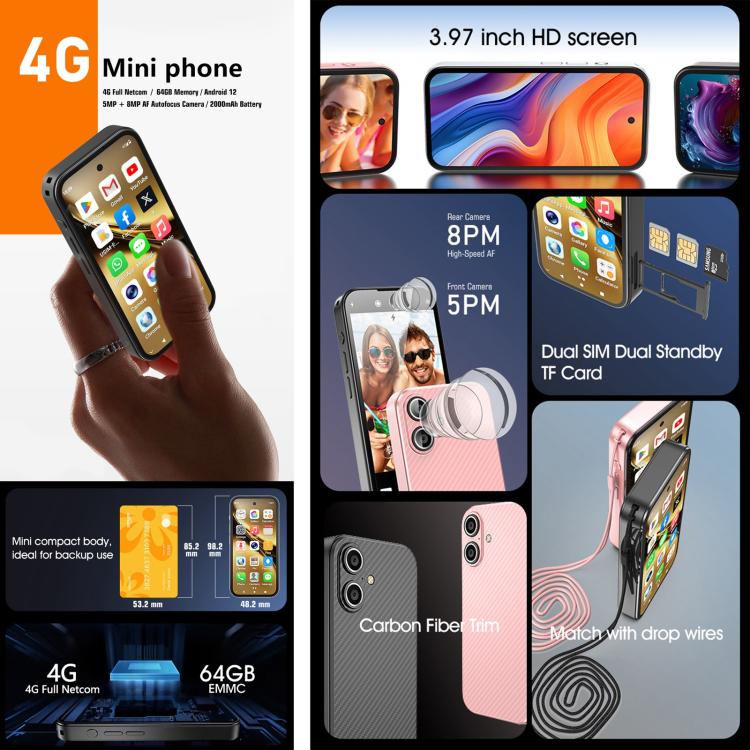 Q333, 4 Go + 64 Go, écran 3,97 pouces, Android 12, processeur Mediatek MT6762 Octa-Core, réseau : 4G, double SIM