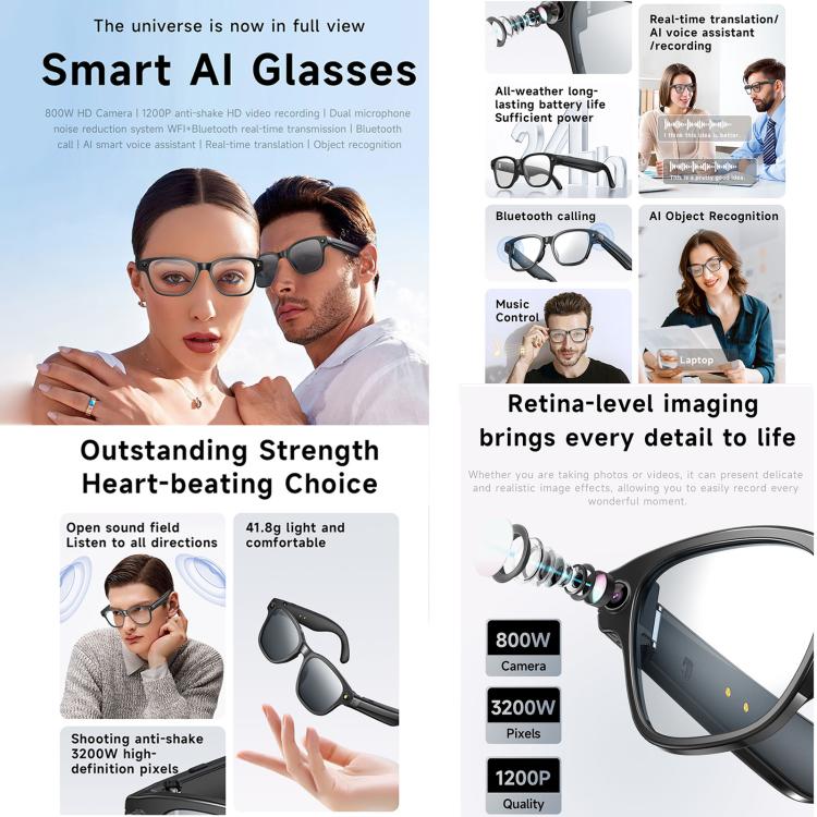 Lunettes intelligentes L801 avec caméra HD 8 MP, enregistrement vidéo, transmission WiFi, assistant vocal intelligent et casque audio connecté.
