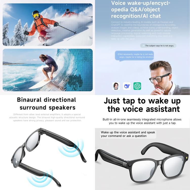 Lunettes intelligentes L801 avec caméra HD 8 MP, enregistrement vidéo, transmission WiFi, assistant vocal intelligent et casque audio connecté.