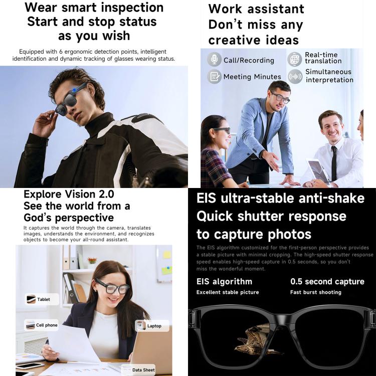Lunettes intelligentes L801 avec caméra HD 8 MP, enregistrement vidéo, transmission WiFi, assistant vocal intelligent et casque audio connecté.