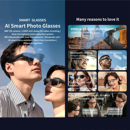 Lunettes intelligentes L802 avec caméra HD 8 MP, enregistrement vidéo, transmission WiFi, assistant vocal intelligent et casque audio connecté.