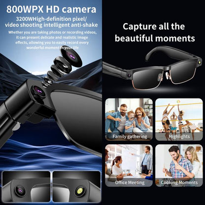 Lunettes intelligentes L802 avec caméra HD 8 MP, enregistrement vidéo, transmission WiFi, assistant vocal intelligent et casque audio connecté.