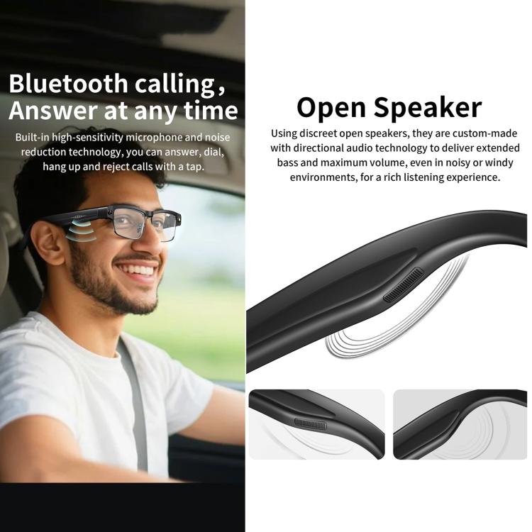 Lunettes intelligentes L802 avec caméra HD 8 MP, enregistrement vidéo, transmission WiFi, assistant vocal intelligent et casque audio connecté.