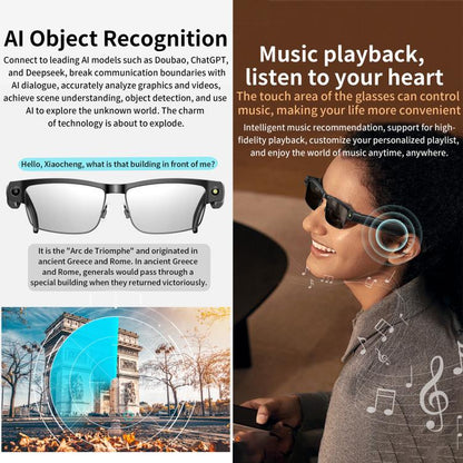 Lunettes intelligentes L802 avec caméra HD 8 MP, enregistrement vidéo, transmission WiFi, assistant vocal intelligent et casque audio connecté.