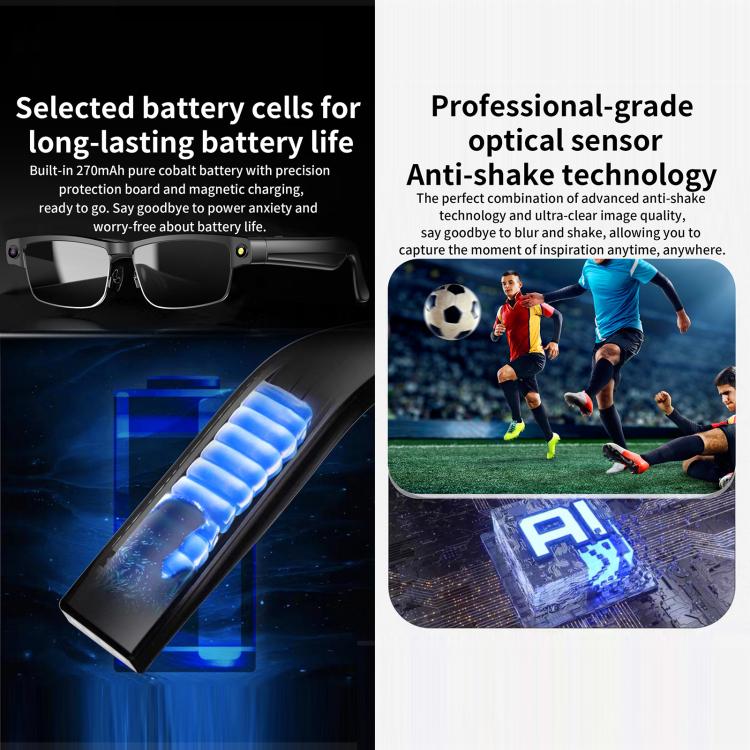 Lunettes intelligentes L802 avec caméra HD 8 MP, enregistrement vidéo, transmission WiFi, assistant vocal intelligent et casque audio connecté.