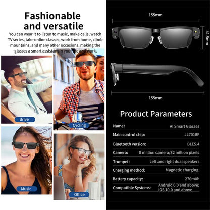 Lunettes intelligentes L802 avec caméra HD 8 MP, enregistrement vidéo, transmission WiFi, assistant vocal intelligent et casque audio connecté.