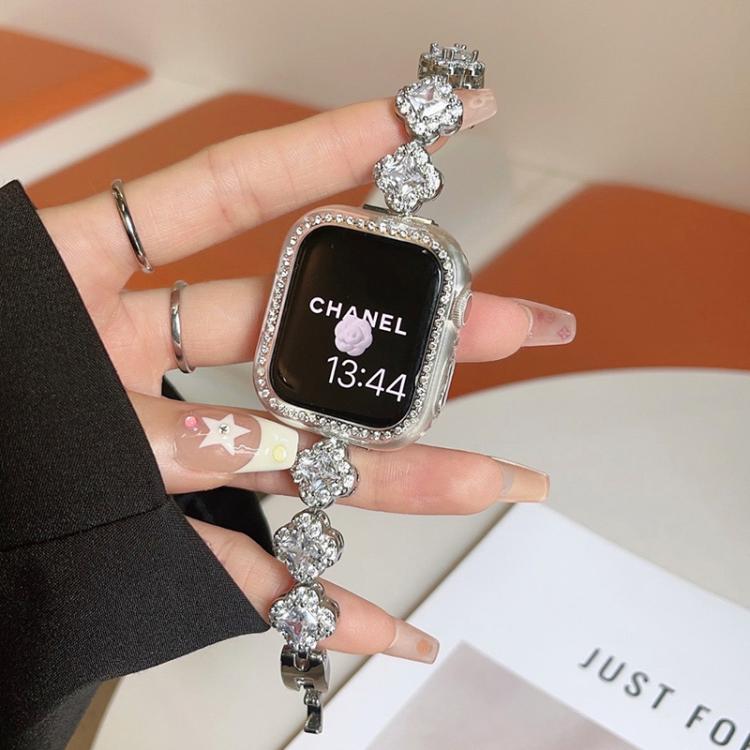 Bracelet de montre en métal à motif trèfle à quatre feuilles et diamants xDfind, For Apple Watch 42 / 44 / 45 / 46 / 49mm, For Apple Watch 38 / 40 / 41 / S10 42mm