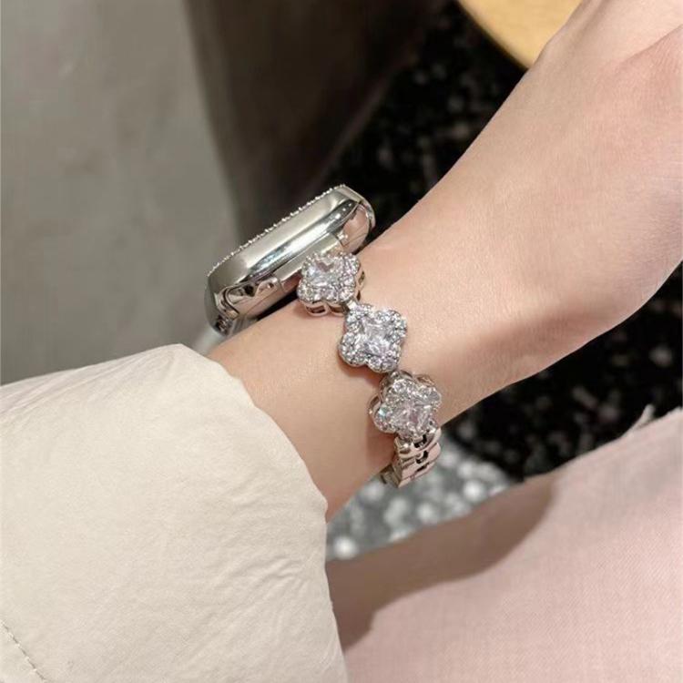 Bracelet de montre en métal à motif trèfle à quatre feuilles et diamants xDfind, For Apple Watch 42 / 44 / 45 / 46 / 49mm, For Apple Watch 38 / 40 / 41 / S10 42mm
