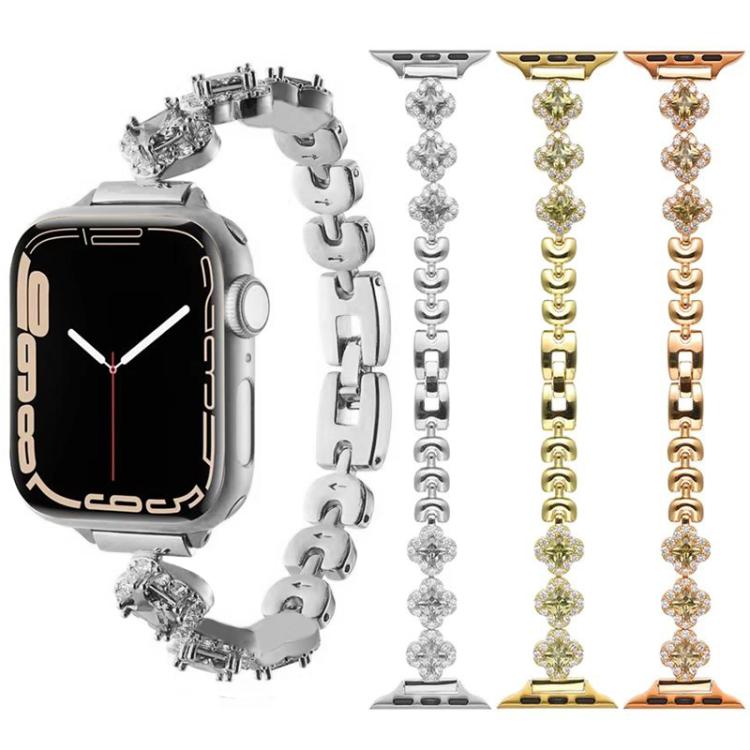 Bracelet de montre en métal à motif trèfle à quatre feuilles et diamants xDfind, For Apple Watch 42 / 44 / 45 / 46 / 49mm, For Apple Watch 38 / 40 / 41 / S10 42mm