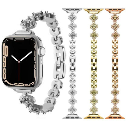 Bracelet de montre en métal à motif trèfle à quatre feuilles et diamants xDfind, For Apple Watch 42 / 44 / 45 / 46 / 49mm, For Apple Watch 38 / 40 / 41 / S10 42mm