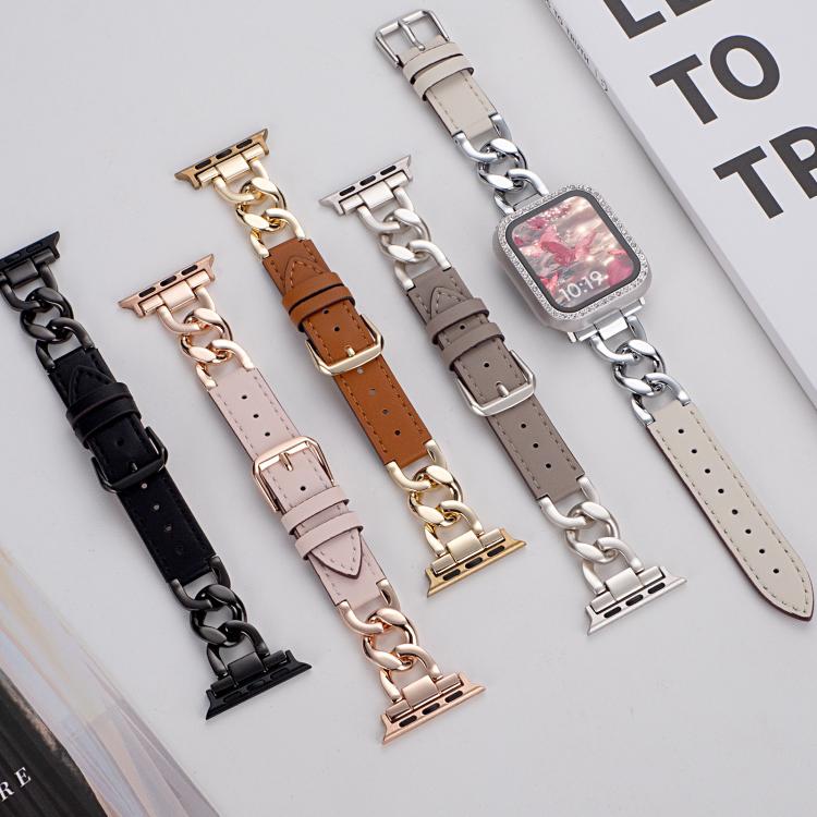 Bracelet de montre hybride en cuir et métal avec chaîne en denim xDfind, For Apple Watch 42 / 44 / 45 / 46 / 49mm, For Apple Watch 38 / 40 / 41 / S10 42mm
