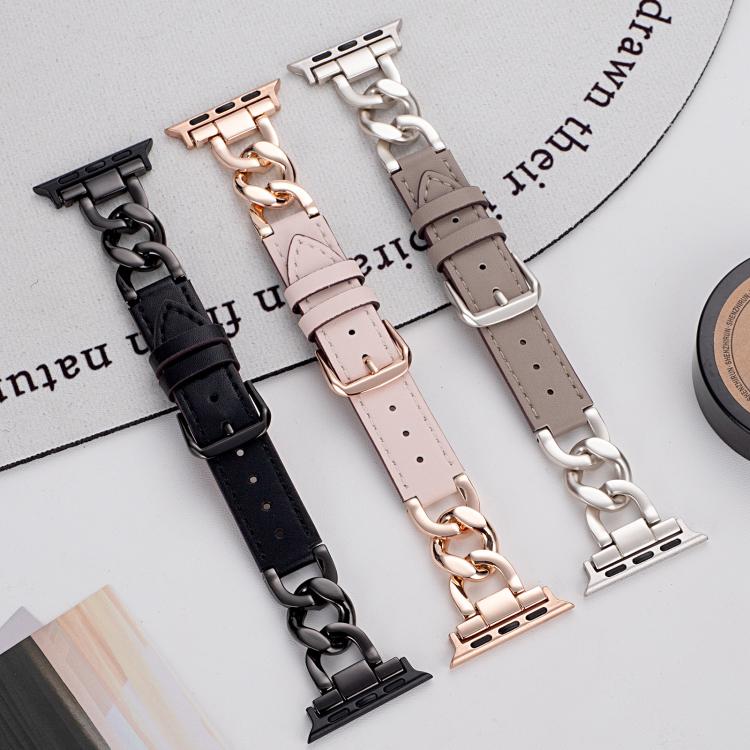 Bracelet de montre hybride en cuir et métal avec chaîne en denim xDfind, For Apple Watch 42 / 44 / 45 / 46 / 49mm, For Apple Watch 38 / 40 / 41 / S10 42mm