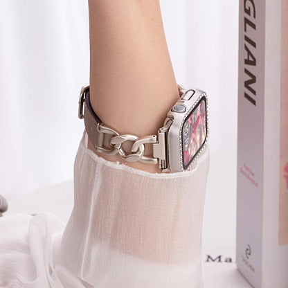Bracelet de montre hybride en cuir et métal avec chaîne en denim xDfind, For Apple Watch 42 / 44 / 45 / 46 / 49mm, For Apple Watch 38 / 40 / 41 / S10 42mm