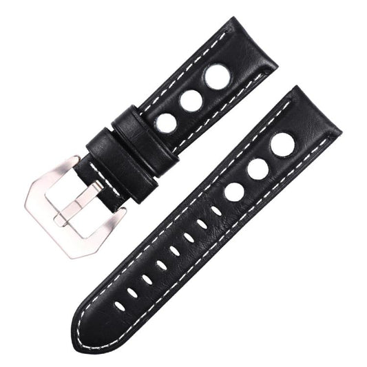 Bracelet de montre xDfind en cuir véritable respirant à trois trous avec boucle argentée, 20mm, 22mm, 24mm
