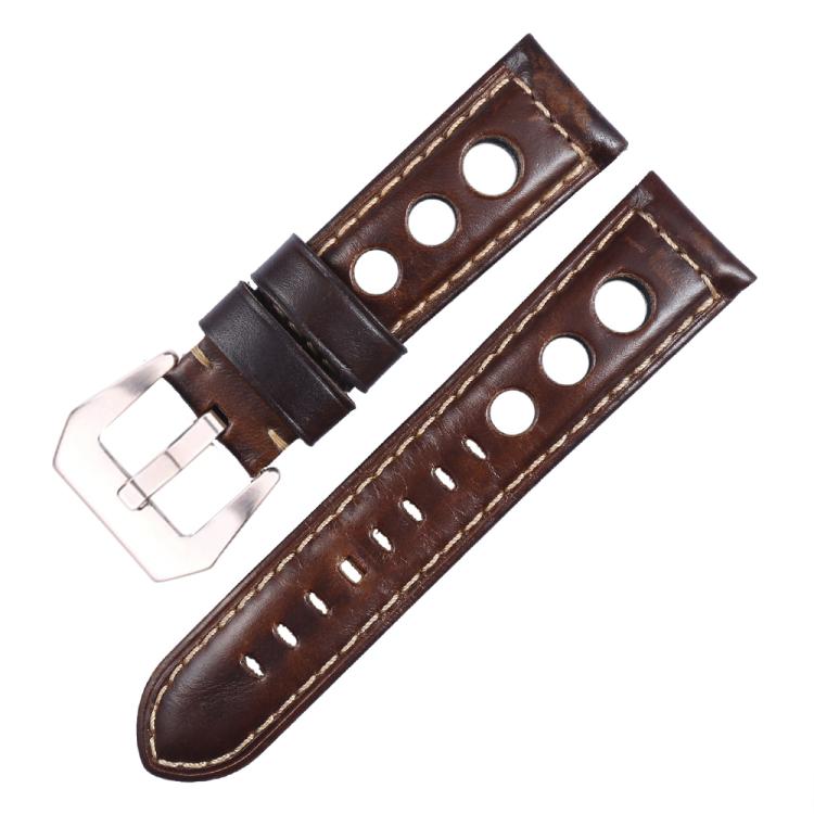 Bracelet de montre xDfind en cuir véritable respirant à trois trous avec boucle argentée, 20mm, 22mm, 24mm