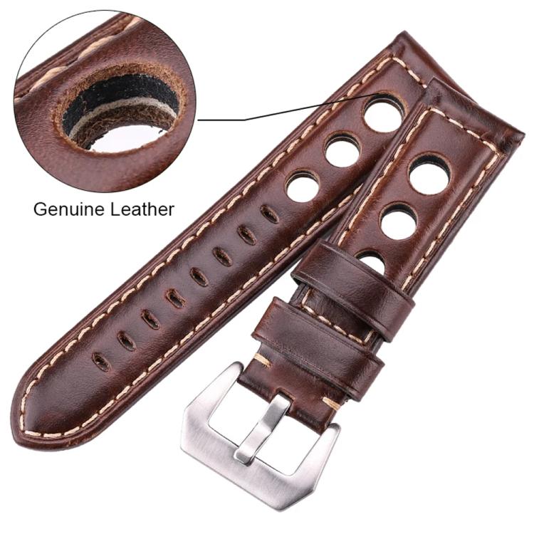 Bracelet de montre xDfind en cuir véritable respirant à trois trous avec boucle argentée, 20mm, 22mm, 24mm