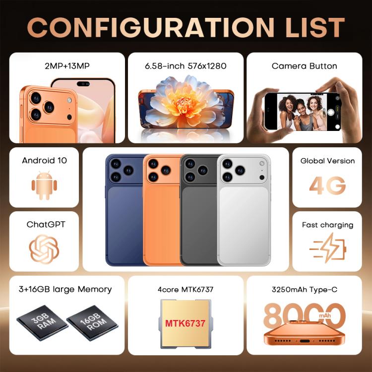 I17 Pro Max / THA97, 3 Go + 16 Go, écran 6,58 pouces, Android 10, processeur quadricœur MTK6737, réseau 4G, double SIM, EU Plug, US Plug, UK Plug, AU Plug