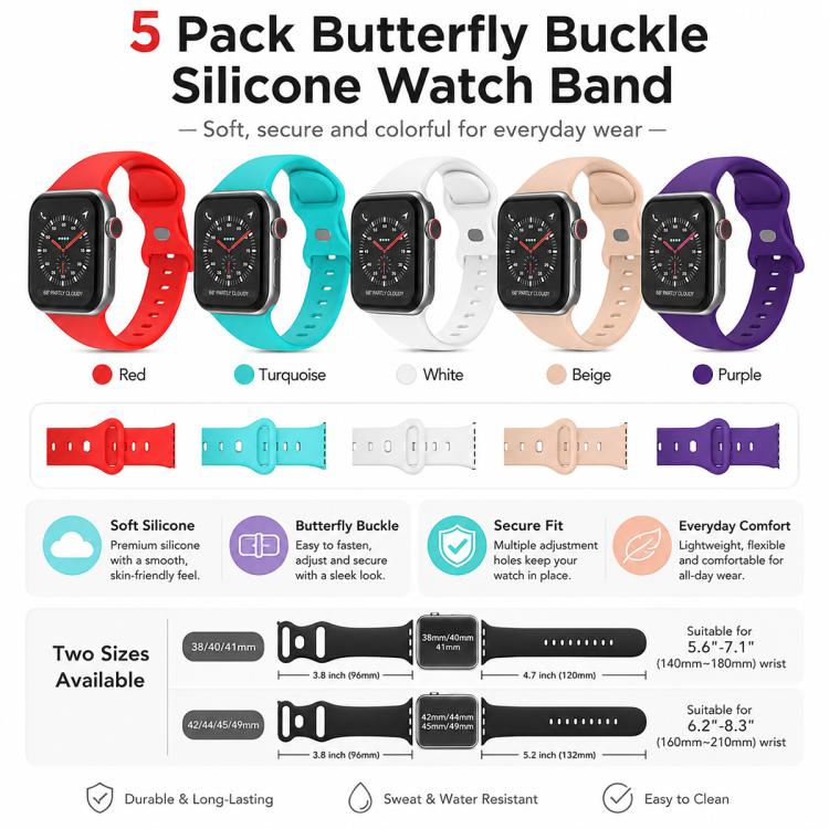 Lot de 5 bracelets de montre en silicone xDfind à boucle papillon, For Apple Watch 42 / 44 / 45 / 46 / 49mm, For Apple Watch 38 / 40 / 41 / S11 42mm
