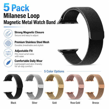 Lot de 5 bracelets de montre magnétiques en métal xDfind à boucle milanaise, For Apple Watch 42 / 44 / 45 / 46 / 49mm, For Apple Watch 38 / 40 / 41 / S11 42mm