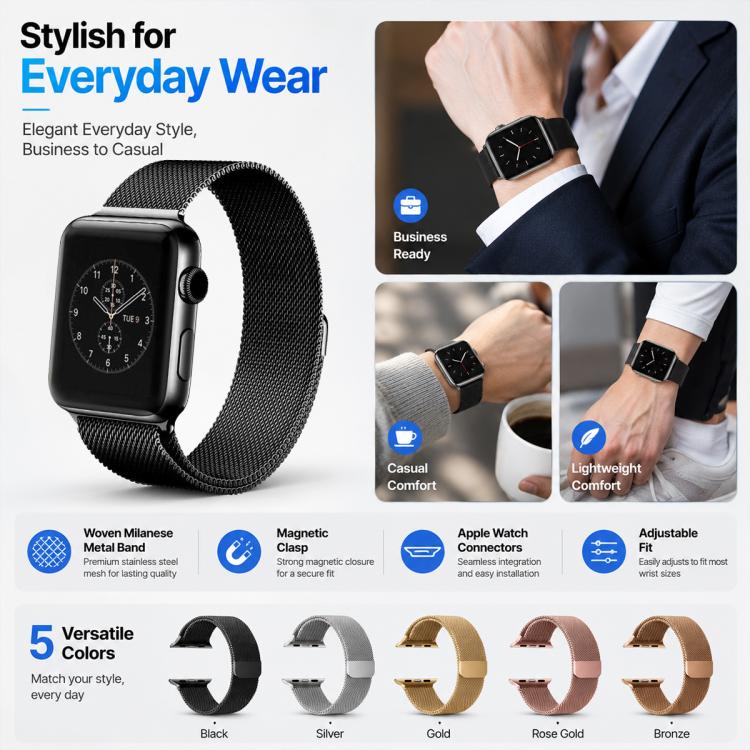 Lot de 5 bracelets de montre magnétiques en métal xDfind à boucle milanaise, For Apple Watch 42 / 44 / 45 / 46 / 49mm, For Apple Watch 38 / 40 / 41 / S11 42mm