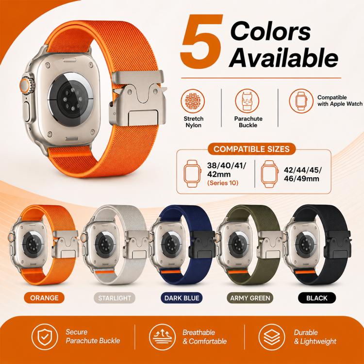 Lot de 5 bracelets de montre en nylon extensible avec boucle parachute xDfind, For Apple Watch 42 / 44 / 45 / 46 / 49mm, For Apple Watch 38 / 40 / 41 / S11 42mm