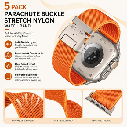 Lot de 5 bracelets de montre en nylon extensible avec boucle parachute xDfind, For Apple Watch 42 / 44 / 45 / 46 / 49mm, For Apple Watch 38 / 40 / 41 / S11 42mm