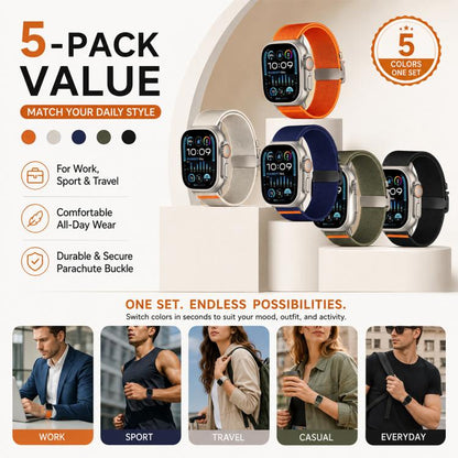 Lot de 5 bracelets de montre en nylon extensible avec boucle parachute xDfind, For Apple Watch 42 / 44 / 45 / 46 / 49mm, For Apple Watch 38 / 40 / 41 / S11 42mm