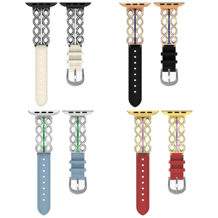 Bracelet de montre hybride en acier inoxydable et cuir véritable xDfind Diamond, For Apple Watch 38 / 40 / 41 / S11 42mm