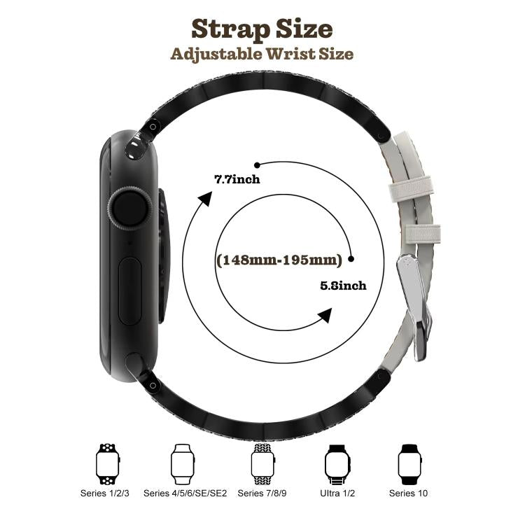 Bracelet de montre hybride en acier inoxydable et cuir véritable xDfind Diamond, For Apple Watch 38 / 40 / 41 / S11 42mm