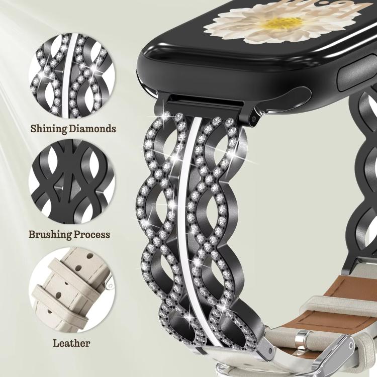 Bracelet de montre hybride en acier inoxydable et cuir véritable xDfind Diamond, For Apple Watch 38 / 40 / 41 / S11 42mm