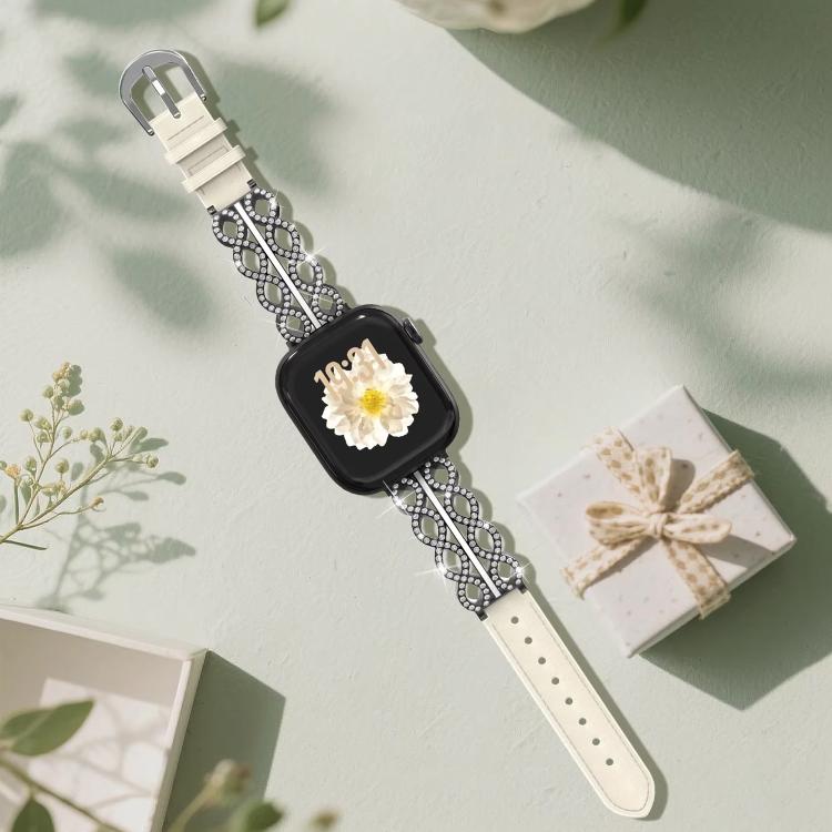 Bracelet de montre hybride en acier inoxydable et cuir véritable xDfind Diamond, For Apple Watch 38 / 40 / 41 / S11 42mm