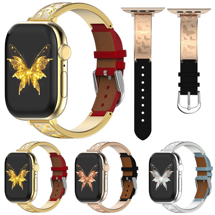 Bracelet de montre hybride en acier inoxydable et cuir véritable xDfind Butterfly, For Apple Watch 42 / 44 / 45 / 46 / 49mm, For Apple Watch 38 / 40 / 41 / S11 42mm