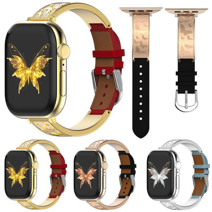 Bracelet de montre hybride en acier inoxydable et cuir véritable xDfind Butterfly, For Apple Watch 42 / 44 / 45 / 46 / 49mm, For Apple Watch 38 / 40 / 41 / S11 42mm