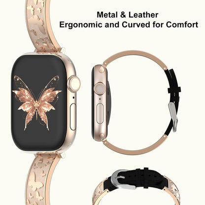 Bracelet de montre hybride en acier inoxydable et cuir véritable xDfind Butterfly, For Apple Watch 42 / 44 / 45 / 46 / 49mm, For Apple Watch 38 / 40 / 41 / S11 42mm