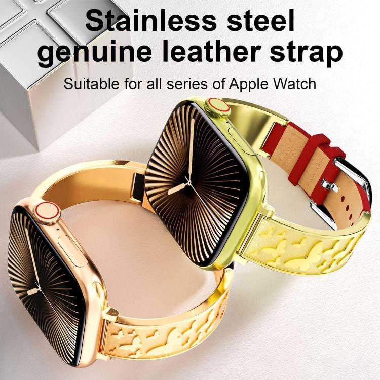 Bracelet de montre hybride en acier inoxydable et cuir véritable xDfind Butterfly, For Apple Watch 42 / 44 / 45 / 46 / 49mm, For Apple Watch 38 / 40 / 41 / S11 42mm