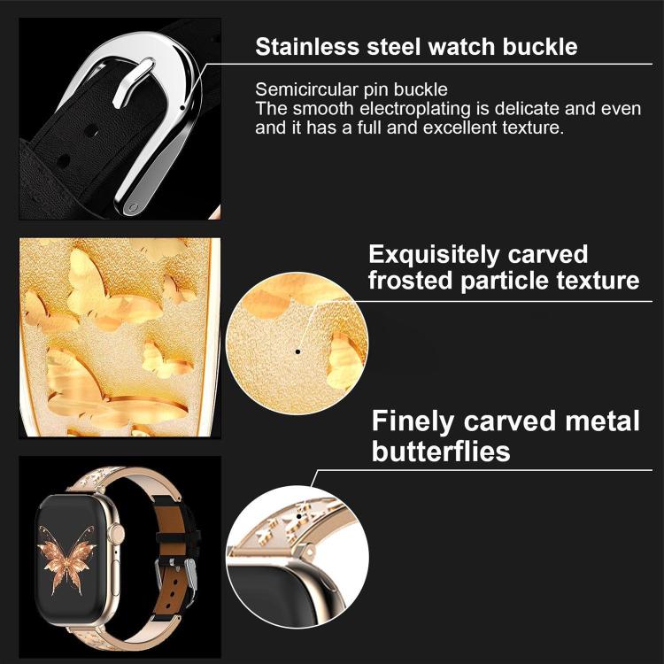 Bracelet de montre hybride en acier inoxydable et cuir véritable xDfind Butterfly, For Apple Watch 42 / 44 / 45 / 46 / 49mm, For Apple Watch 38 / 40 / 41 / S11 42mm