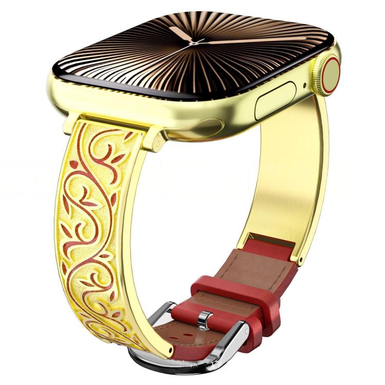 Bracelet de montre hybride en acier inoxydable et cuir véritable xDfind à motif floral rétro, For Apple Watch 38 / 40 / 41 / S11 42mm