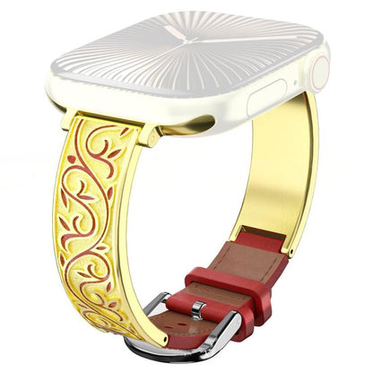 Bracelet de montre hybride en acier inoxydable et cuir véritable xDfind à motif floral rétro, For Apple Watch 38 / 40 / 41 / S11 42mm