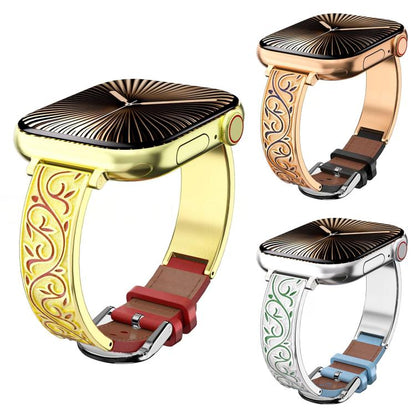 Bracelet de montre hybride en acier inoxydable et cuir véritable xDfind à motif floral rétro, For Apple Watch 38 / 40 / 41 / S11 42mm