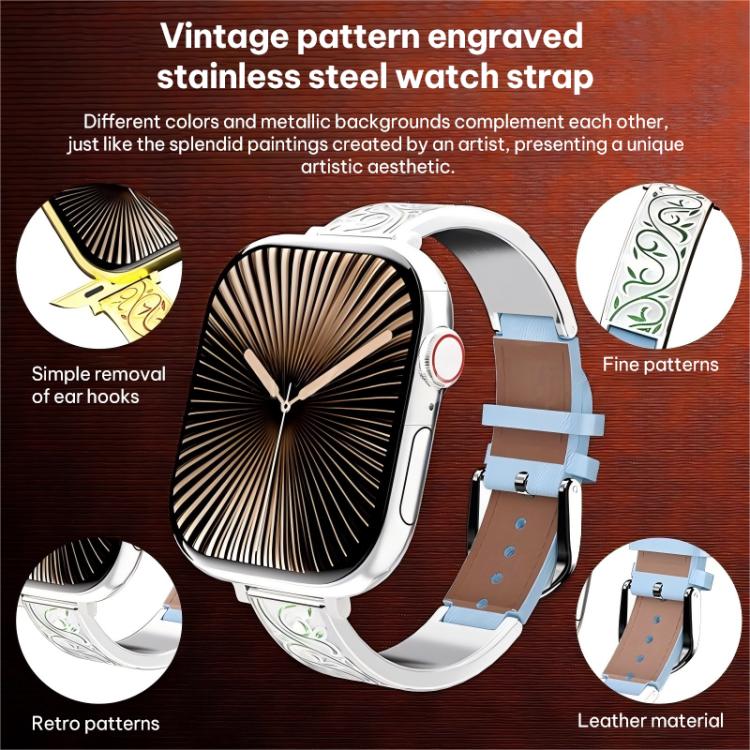 Bracelet de montre hybride en acier inoxydable et cuir véritable xDfind à motif floral rétro, For Apple Watch 38 / 40 / 41 / S11 42mm