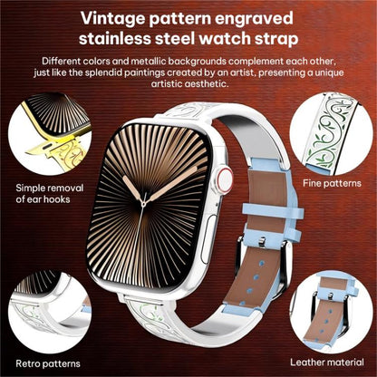 Bracelet de montre hybride en acier inoxydable et cuir véritable xDfind à motif floral rétro, For Apple Watch 38 / 40 / 41 / S11 42mm