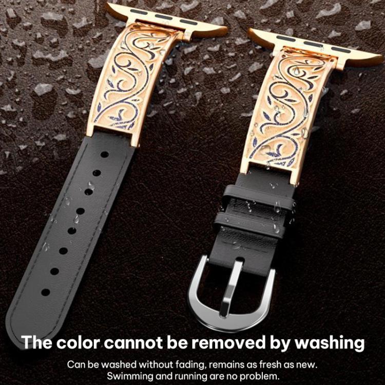 Bracelet de montre hybride en acier inoxydable et cuir véritable xDfind à motif floral rétro, For Apple Watch 38 / 40 / 41 / S11 42mm