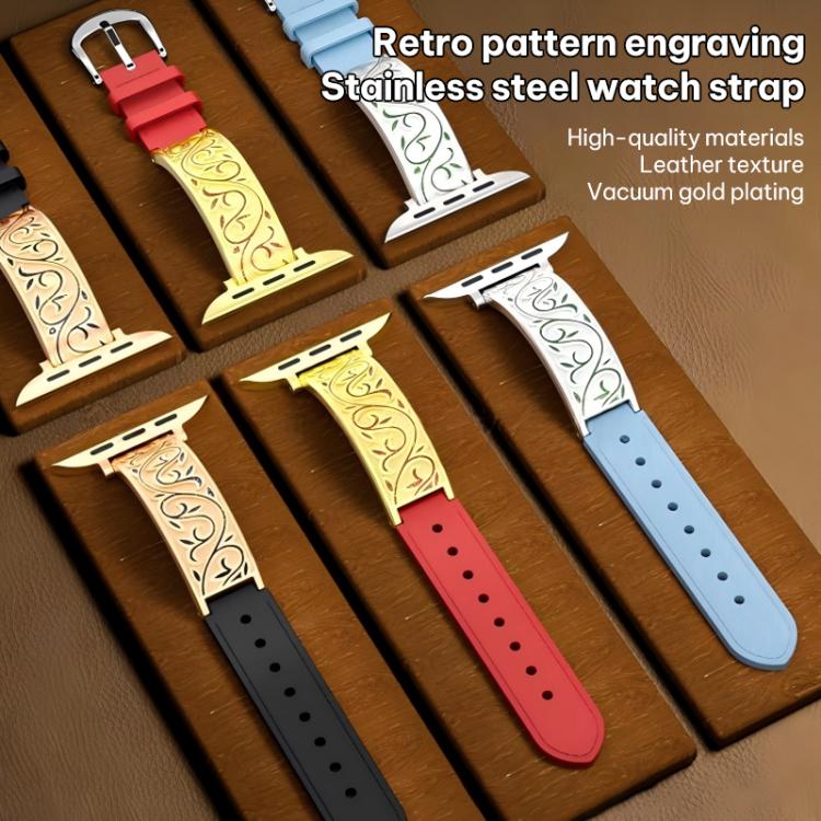Bracelet de montre hybride en acier inoxydable et cuir véritable xDfind à motif floral rétro, For Apple Watch 38 / 40 / 41 / S11 42mm