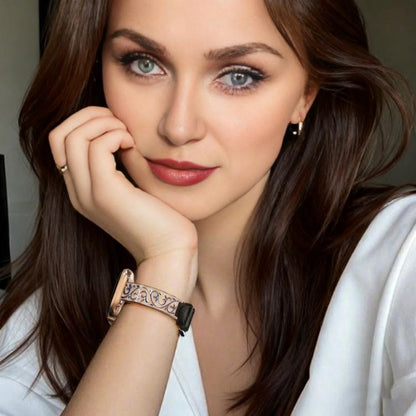 Bracelet de montre hybride en acier inoxydable et cuir véritable xDfind à motif floral rétro, For Apple Watch 38 / 40 / 41 / S11 42mm