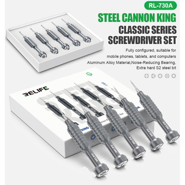 Jeu de tournevis en alliage d'aluminium RELIFE RL-730A 5 en 1, série Cannon King Classic., 5 in 1 Set