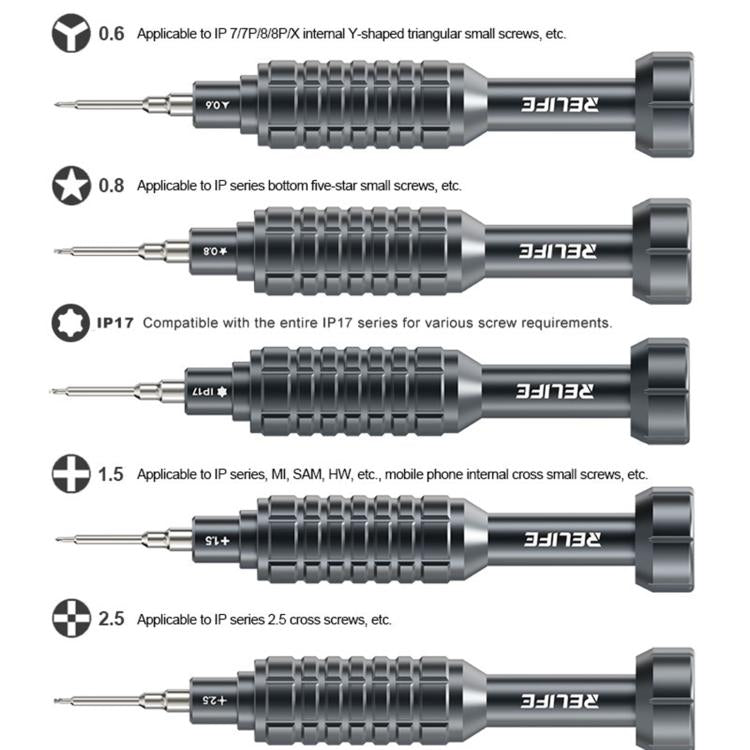 Jeu de tournevis en alliage d'aluminium RELIFE RL-730 Steel Cannon King Classic Series, Star 0.8, Phillips 1.5, Phillips 2.5, Y 0.6, Torx T1
